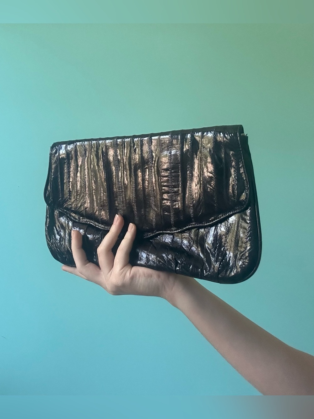 Genuine Eel Skin Black Fold-Over Clutch Wristlet